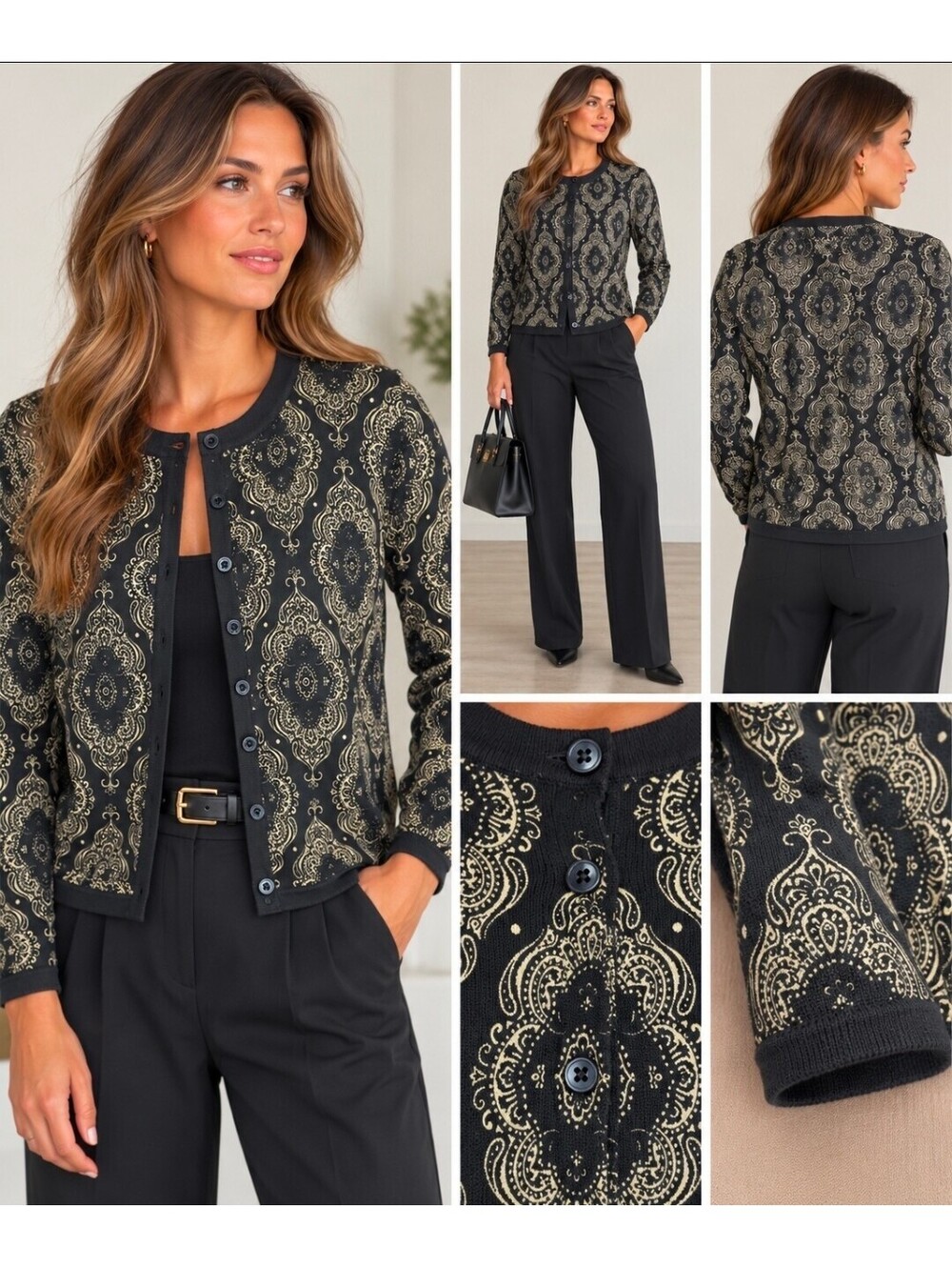 Vintage EP Pro Cardigan Womens Small Black Cream Paisley 100% Cotton Hong Kong